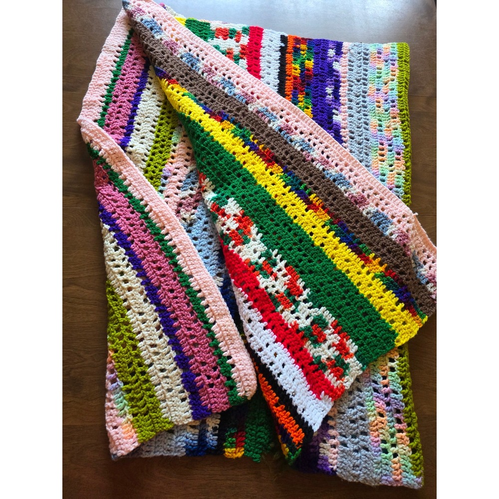 Handmade Crochet Afghan Throw Blanket Multicolor Striped Boho Rainbow 54x35